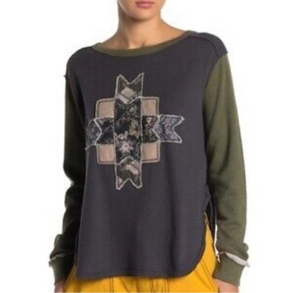 EUC Free People LoneStar Patchwork Thermal Waffle Knit Top Charcoal Small - Picture 4 of 12